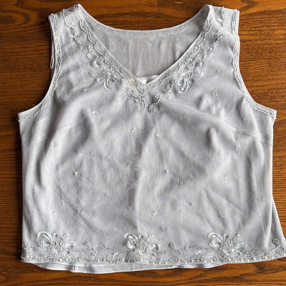 Talbots pale grey Beaded Mesh V-Neck Sleeveless Top w Detached Camisole EUC